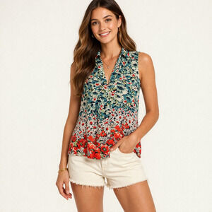 Anthropologie 6 of 52 Conversations Floral Tank Top Medium Rayon Daisies Button